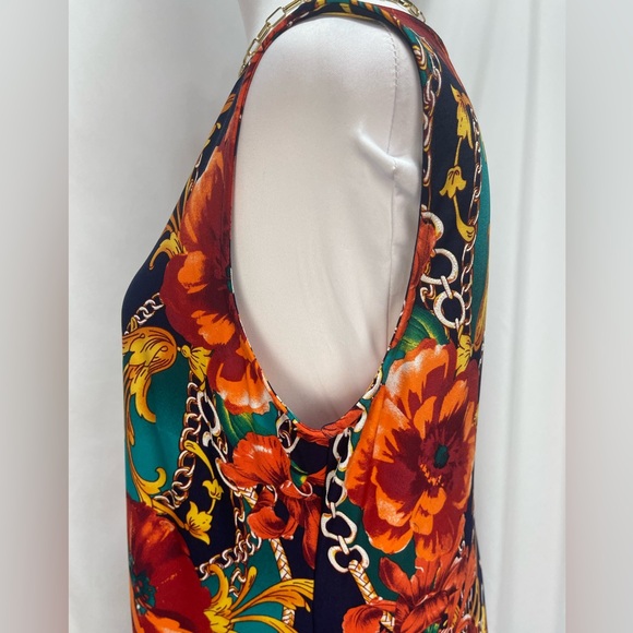 MSK Navy orange red Teal chain and floral print sleeveless dress women’s size M - Picture 6 of 16